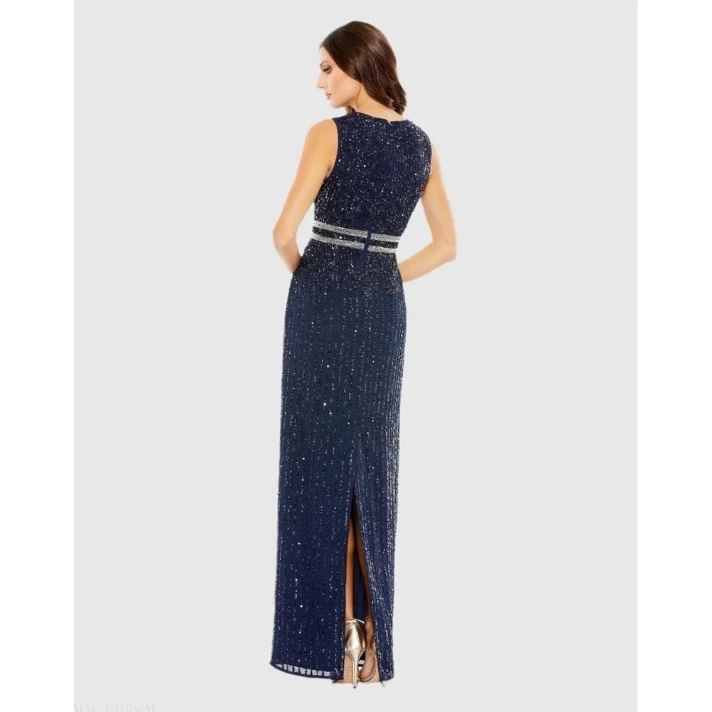 MAC DUGGAL $398 Sequined Sleeveless High Neck Column Gown Dress Navy Size 16 - Picture 2 of 8